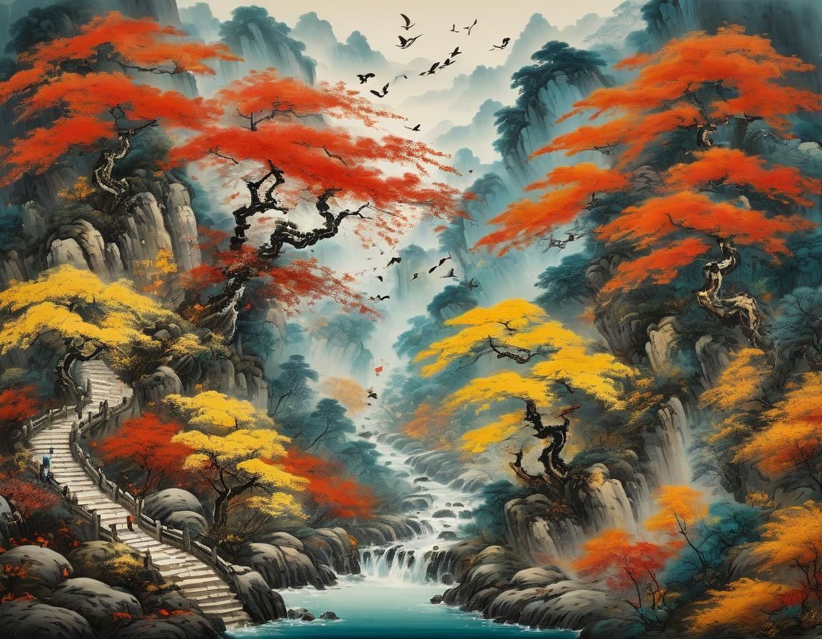 Autumn Forest Scroll Painting in Zhang Daqian Style