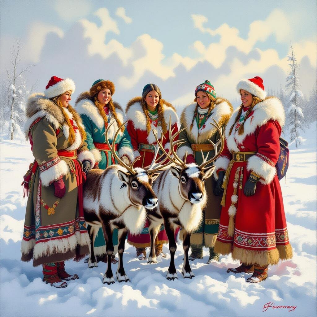 Saami Women and Reindeer in Snowy Landscape - Oil Painting