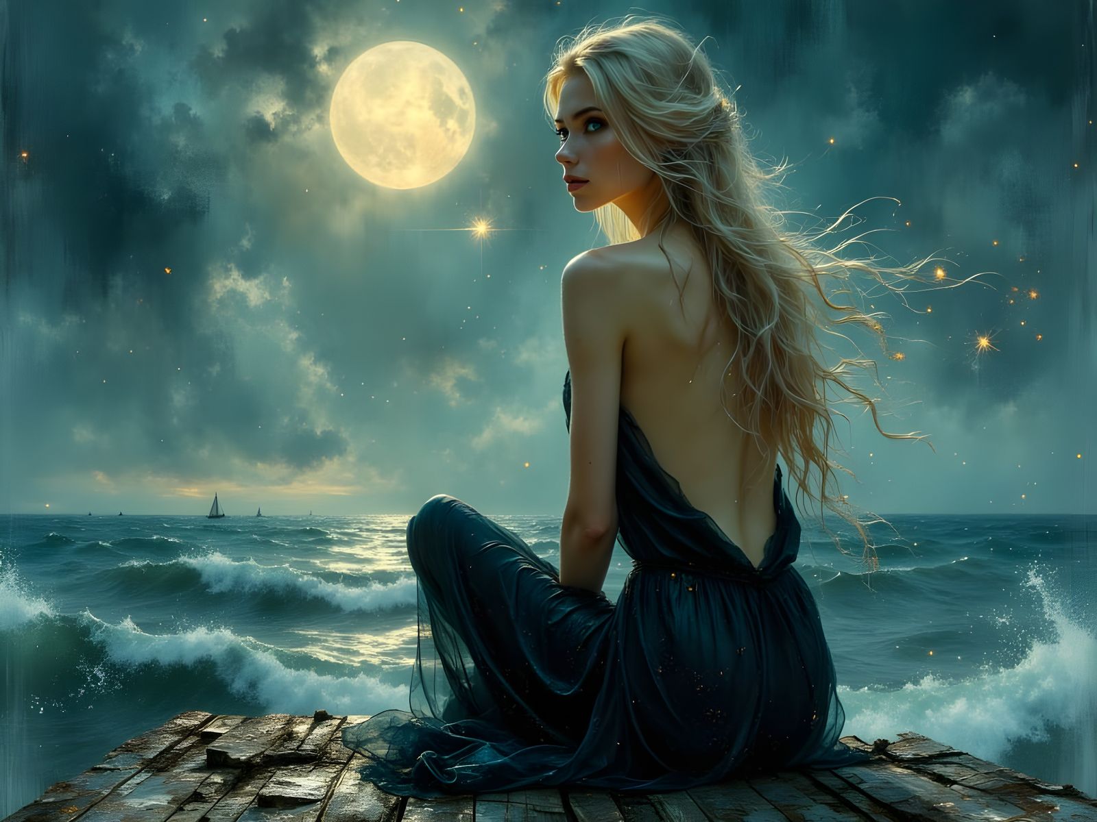 Norse Goddess on Pier at Moonrise, Ethereal Style