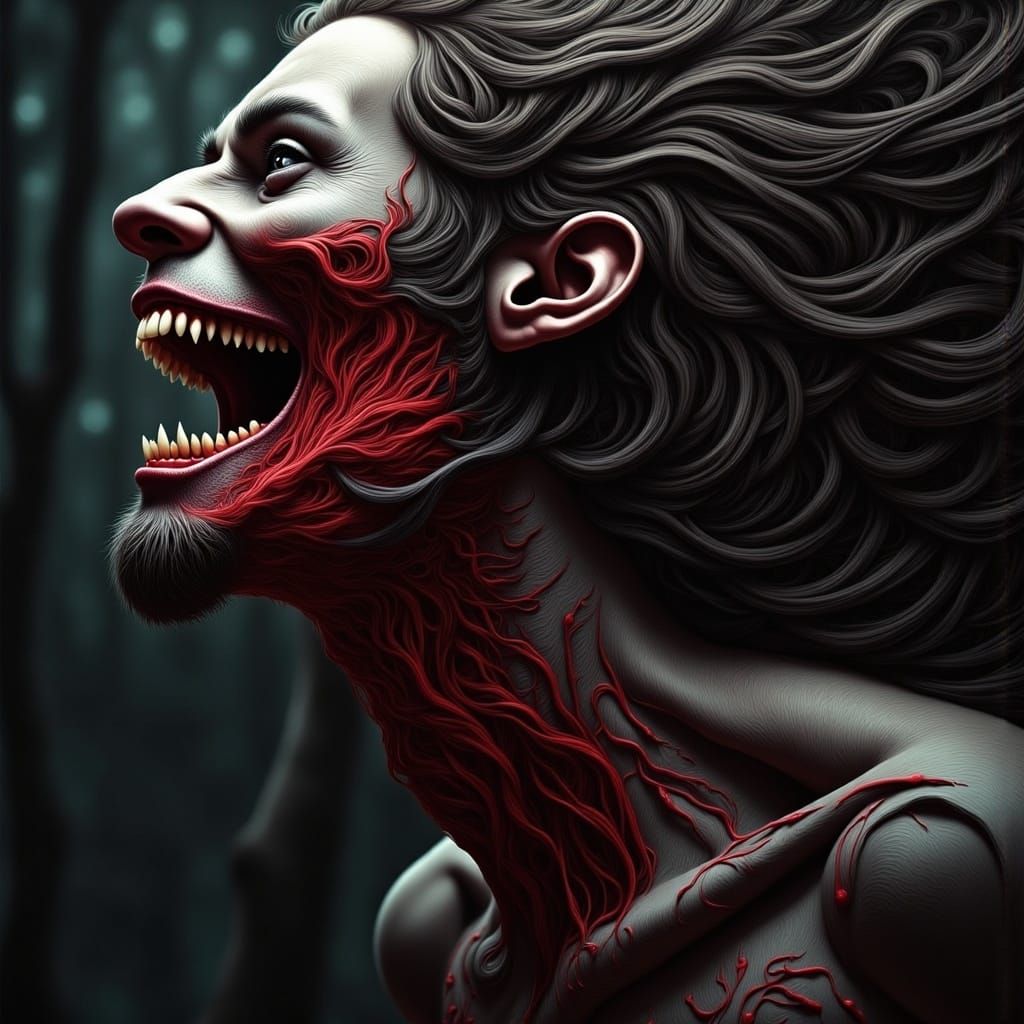 Surreal Werewolf Transformation: Body Horror in Deep Colors