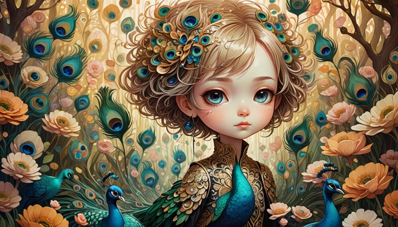 Chibi in Blooming Garden with Peacock Feathers
