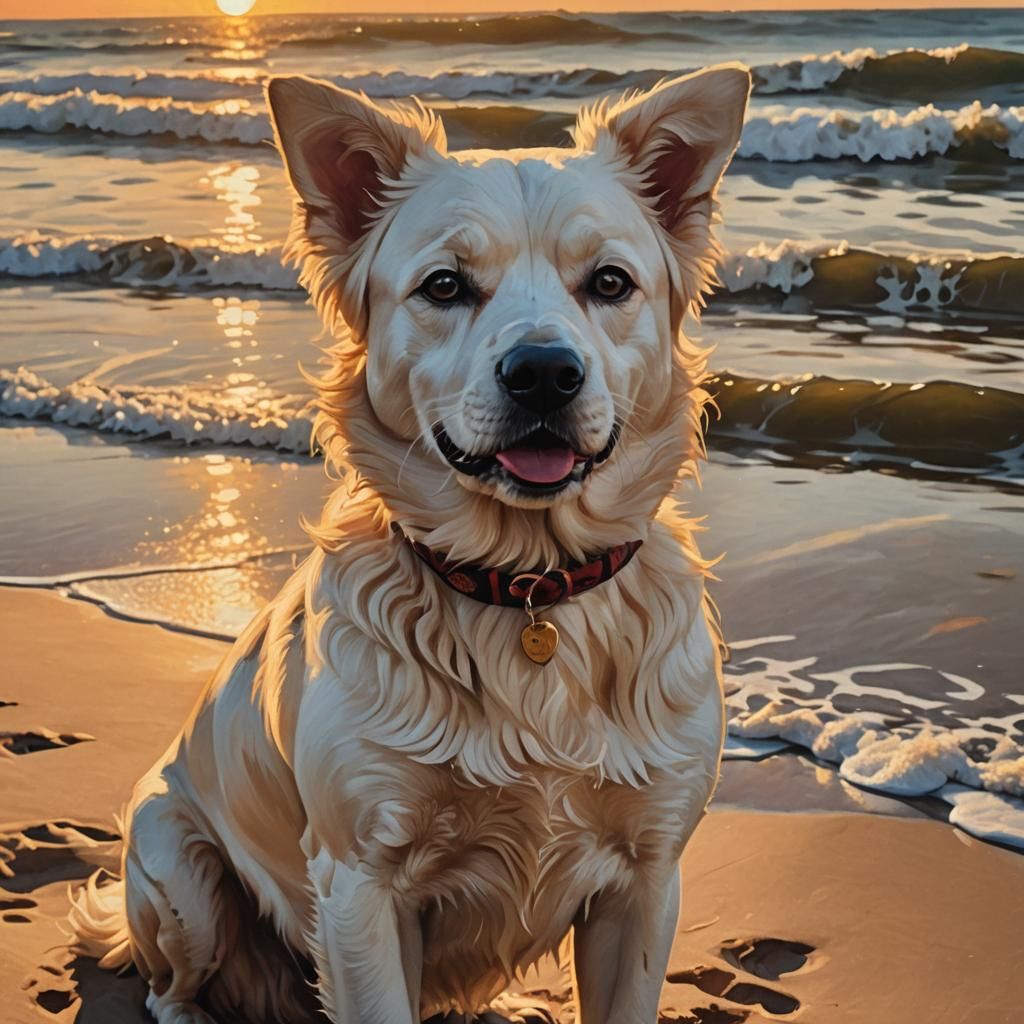 Dog with Marilyn Monroe Face in Sunset, Digital Painting