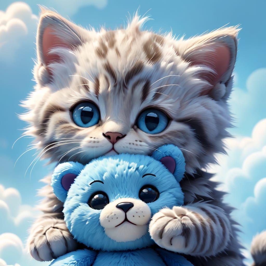 Kawaii Kitten Hugging Teddy Bear: 3D Digital Art