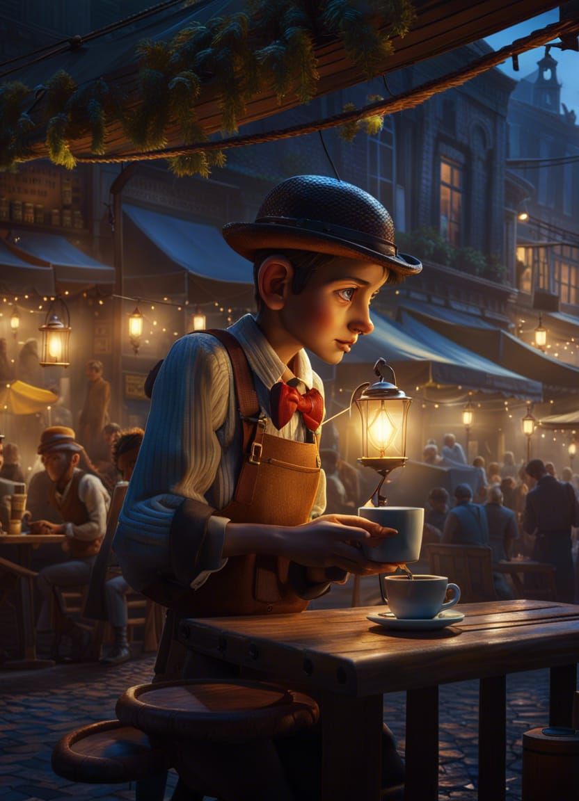Pinocchio as Waiter in Photorealistic Digital Art