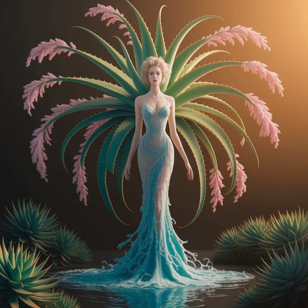 Elegant Lady in Aloe Garden, Surreal Portrait