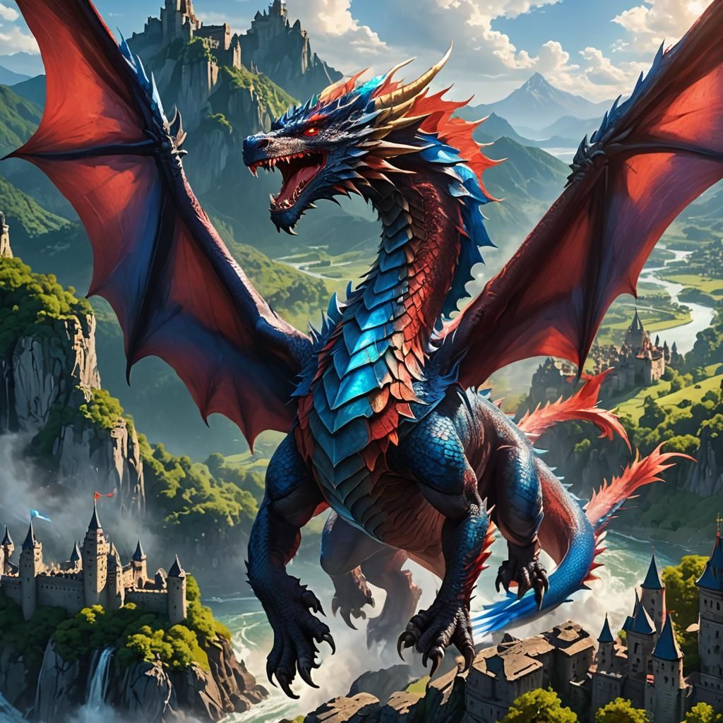Majestic Dragon Soaring Over Castle in Anime Style