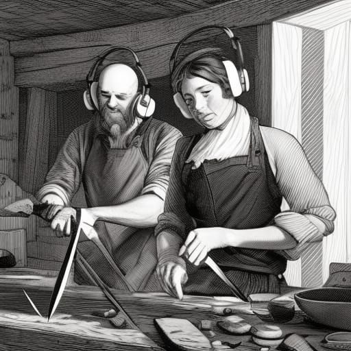 18th Century Architects Forging Scissors, Linocut Style