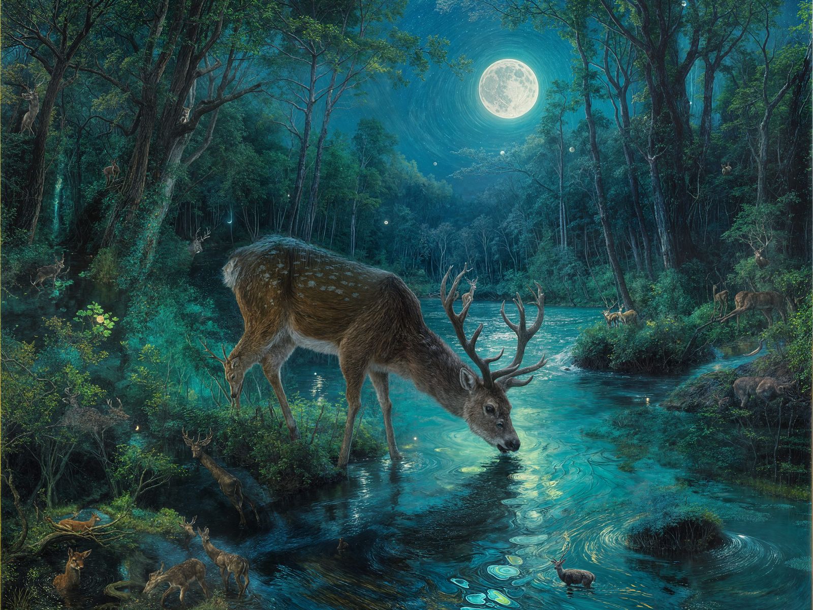 Bioluminescent Moonlit Forest River with Deer
