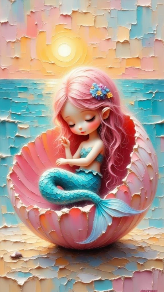 Adorable Baby Mermaid Sleeps in Seashell at Sunrise