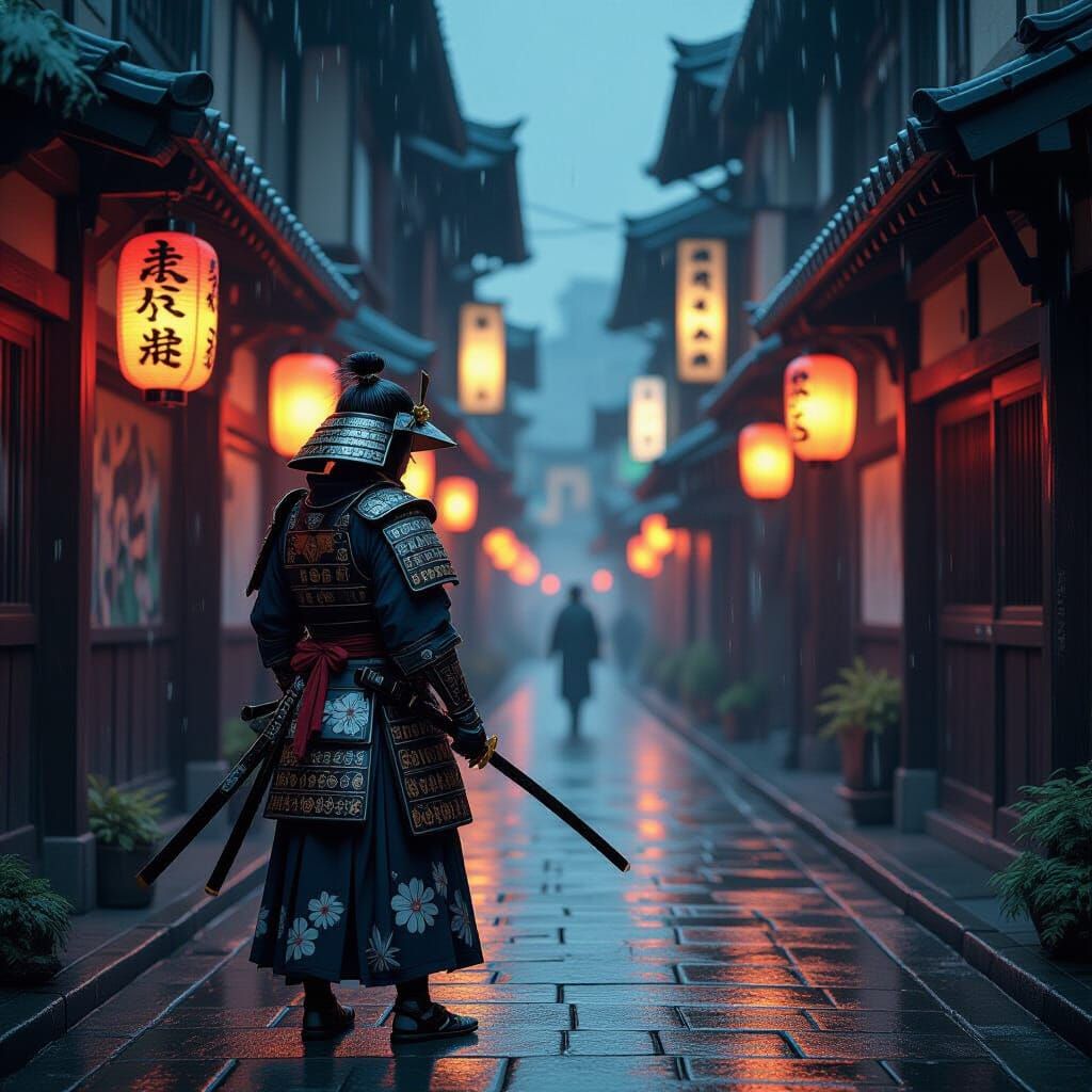 Lone Samurai in Edo City, Fantasy Painting