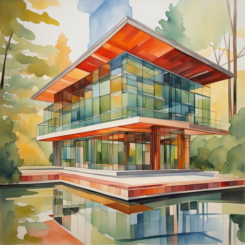 Frank Lloyd Wright Inspired Glass House in Gouache