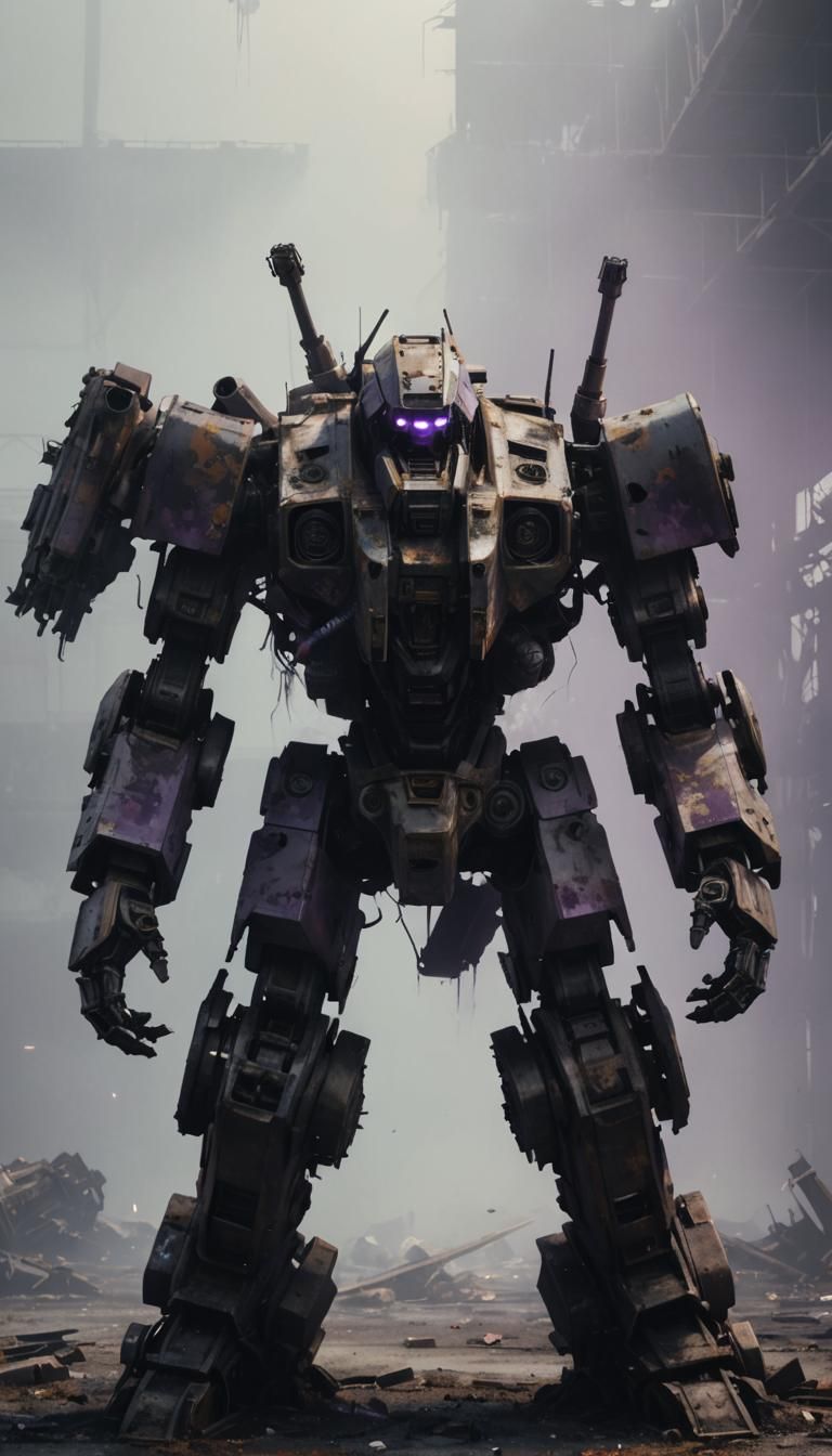 Sad Destroyed Mech in Abandoned Hangar