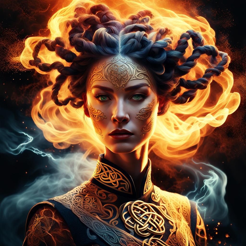Celtic Woman Portrait with Smoke and Lightning