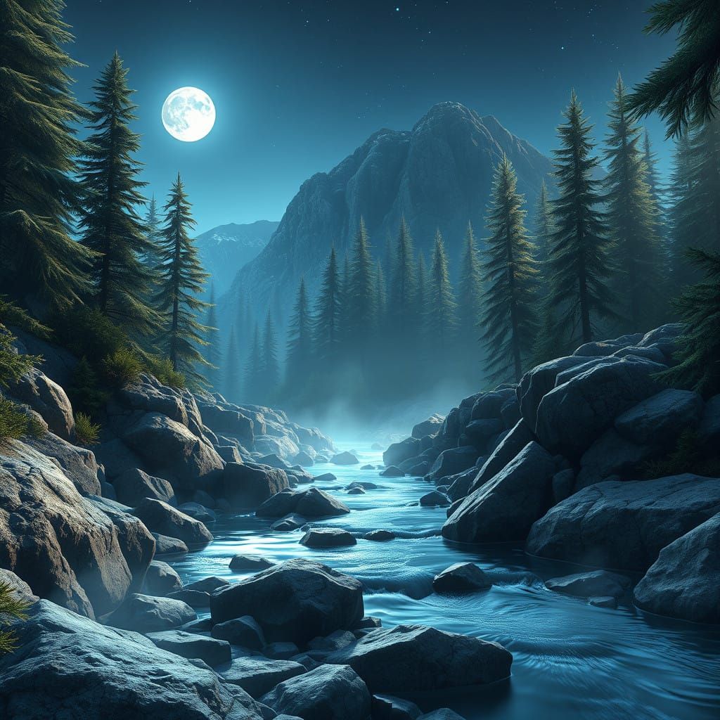 Dreamy Rocky Mountain Night Scene with Pine Trees and Moonli...