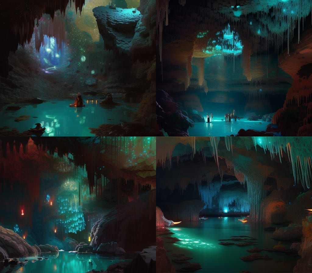 Magical Bioluminescent Cave in Anime Art Style