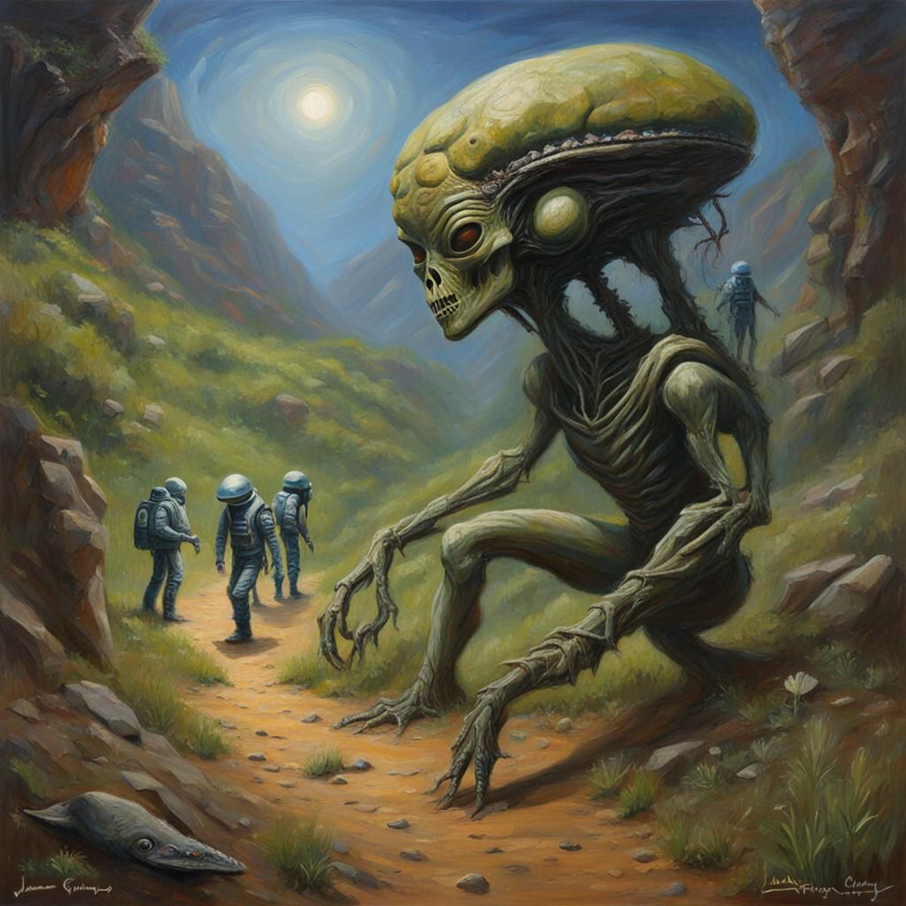 Harmonious Aliens and Humans in Nature, Oil Painting