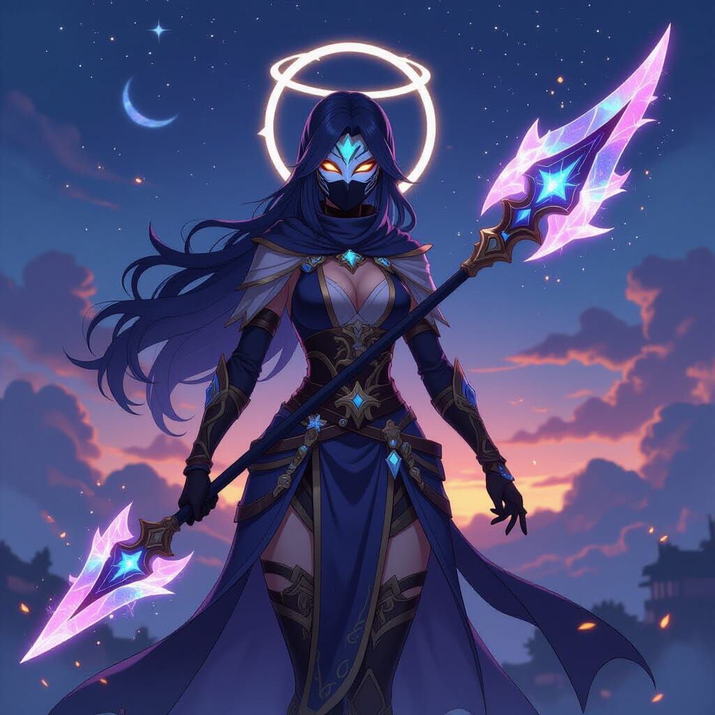 Elegant Masked Warrior with Cosmic Staff in Anime Style