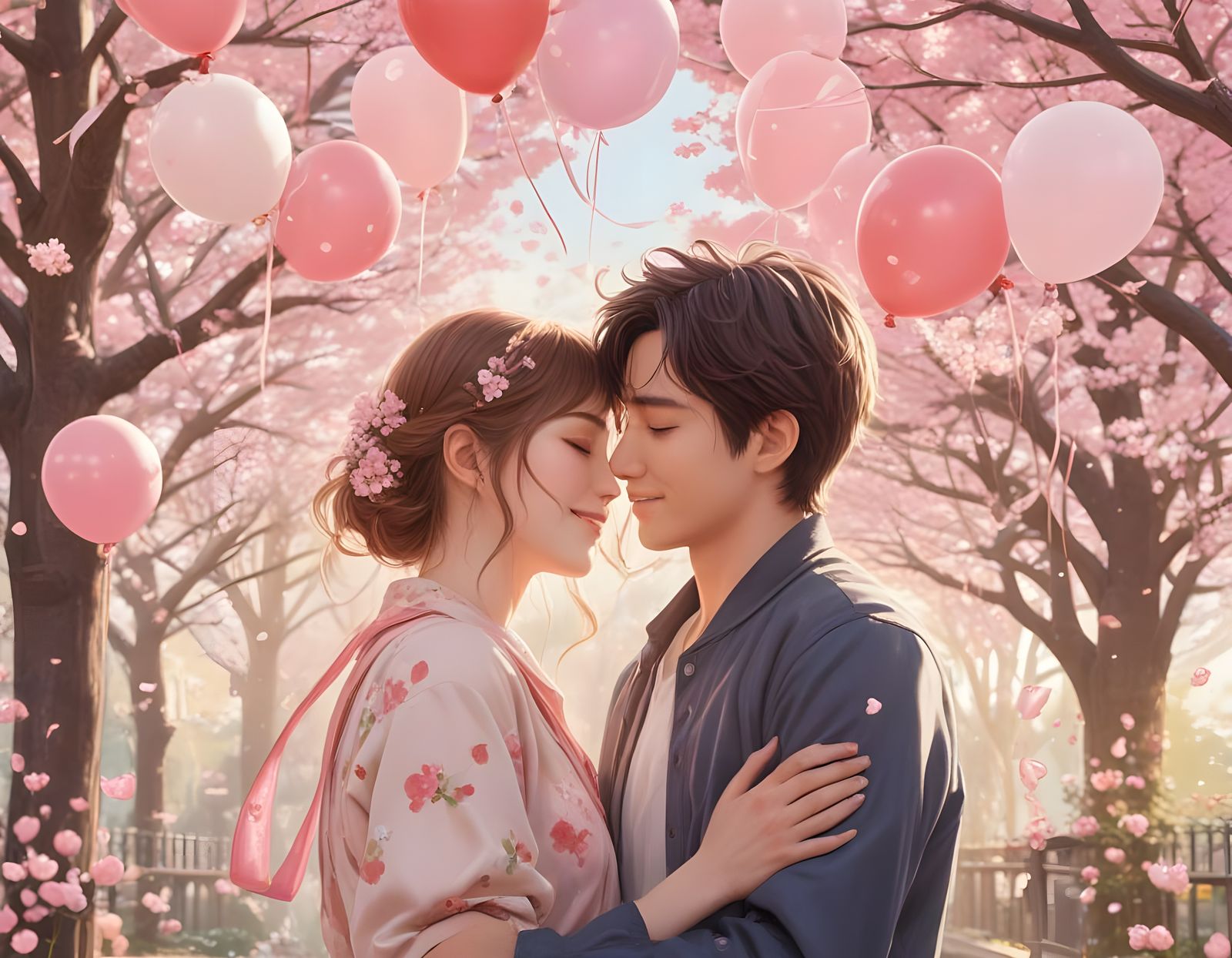 Anime-Style Couple Embracing Under Cherry Blossoms