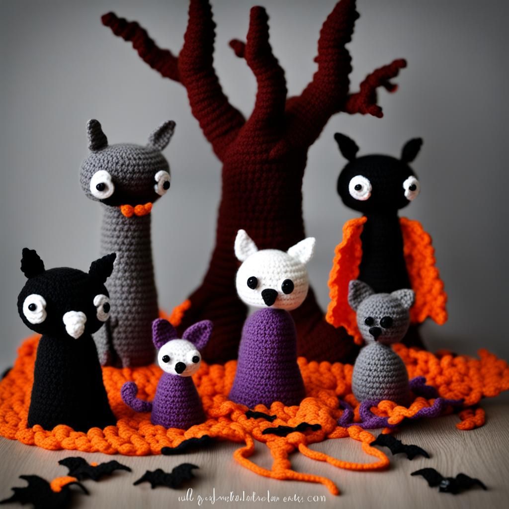 Crocheted Spooky Forest with Bats and Wolves