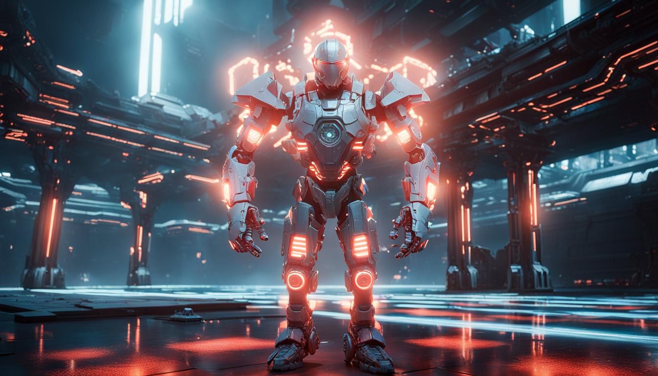 Neon Divinity in Sci-Fi Armor: 8K Artstation Render