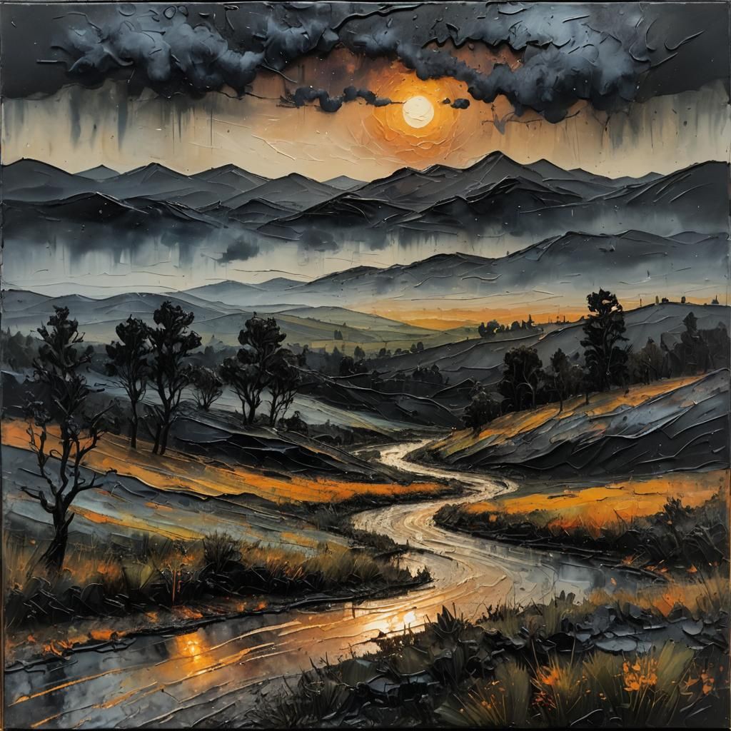 Black Deer in Rainy Twilight: Encaustic Impasto Painting