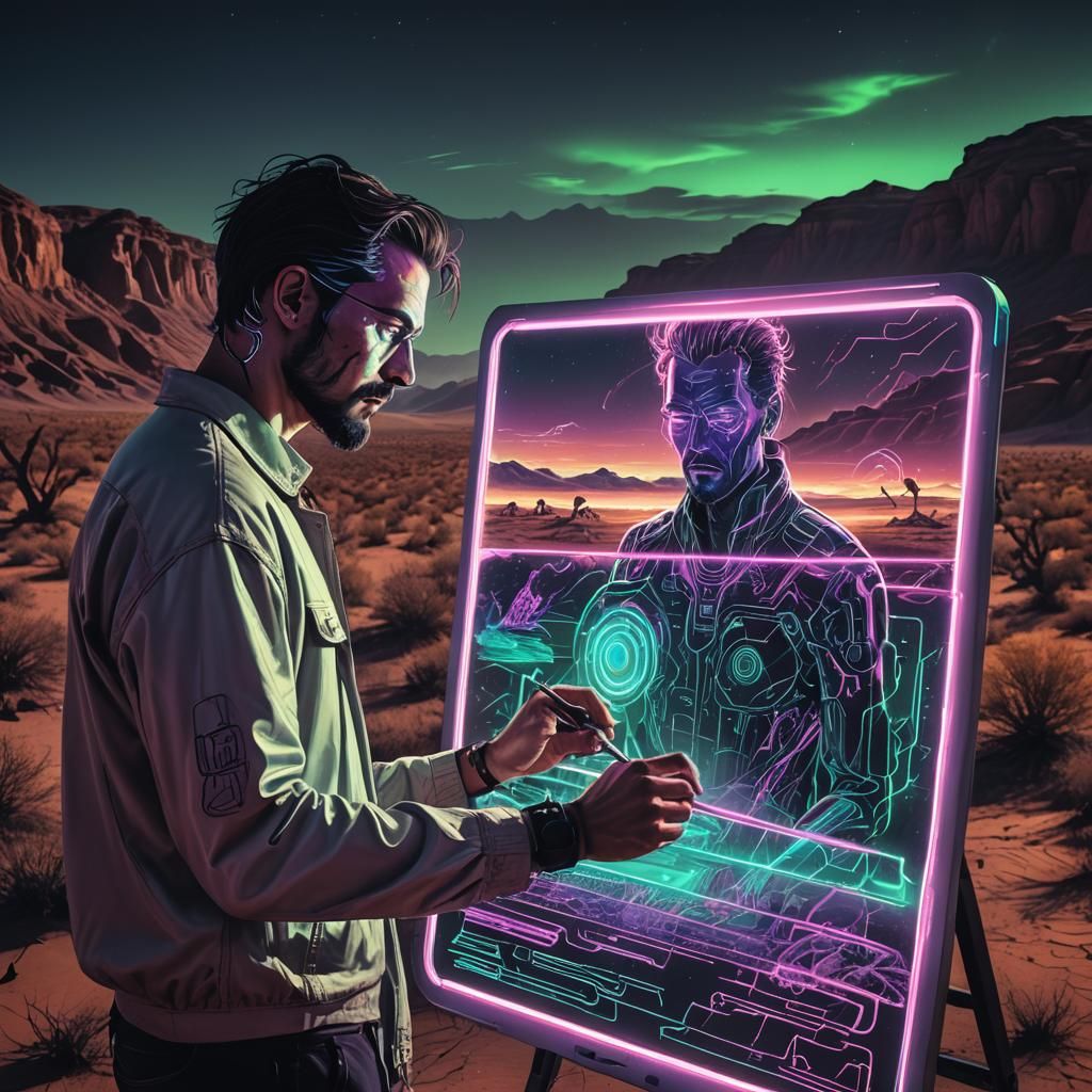 Cyberpunk Digital Artist in Desert Landscape