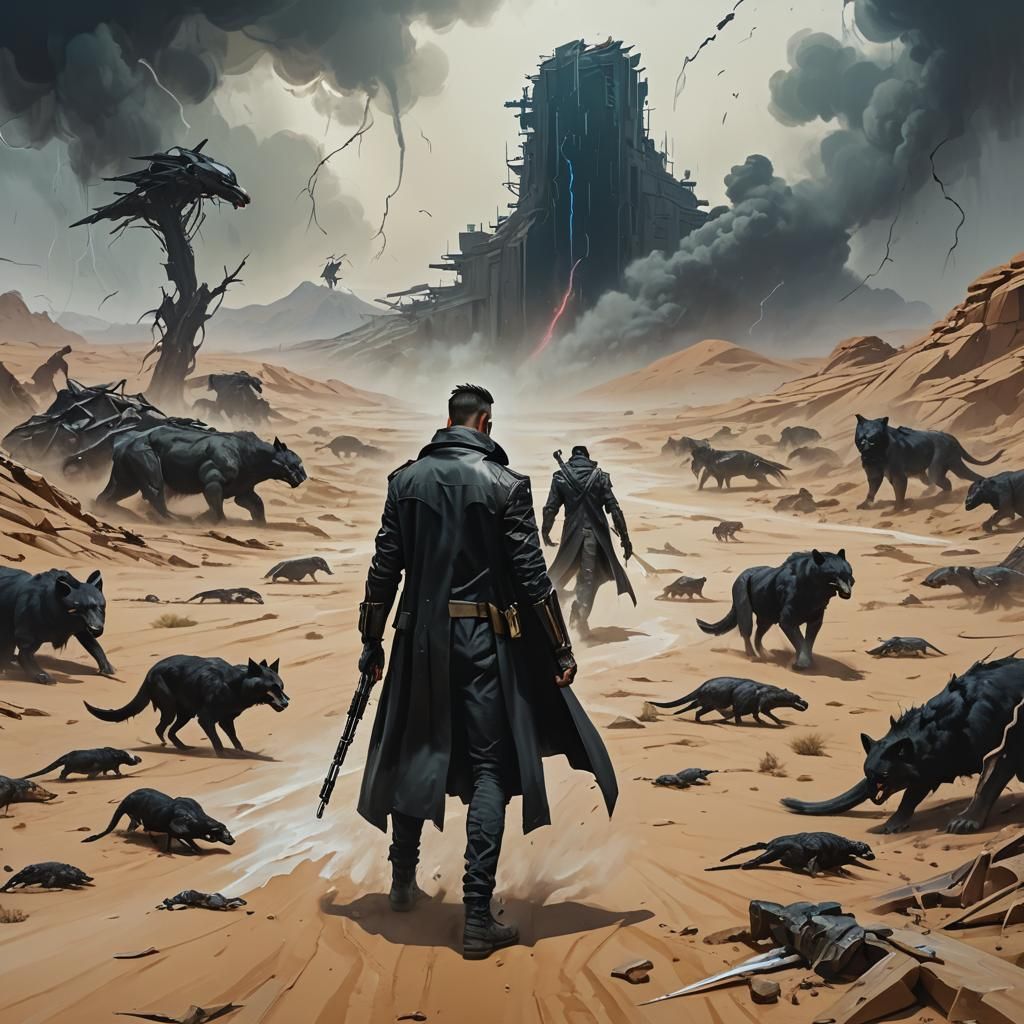 Cyberpunk Artist Painting in Desert Landscape