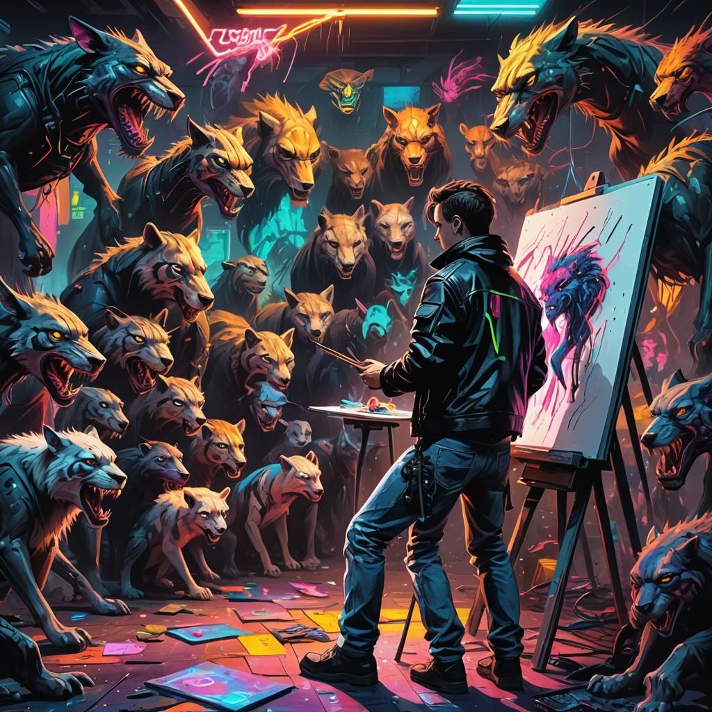 Cyberpunk Artist Confronted by Glowing-Eyed Animals