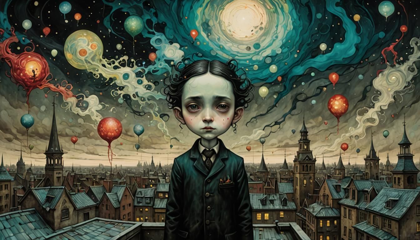 Surreal Rooftop Somnambulist: Trippy Liminal Illustration