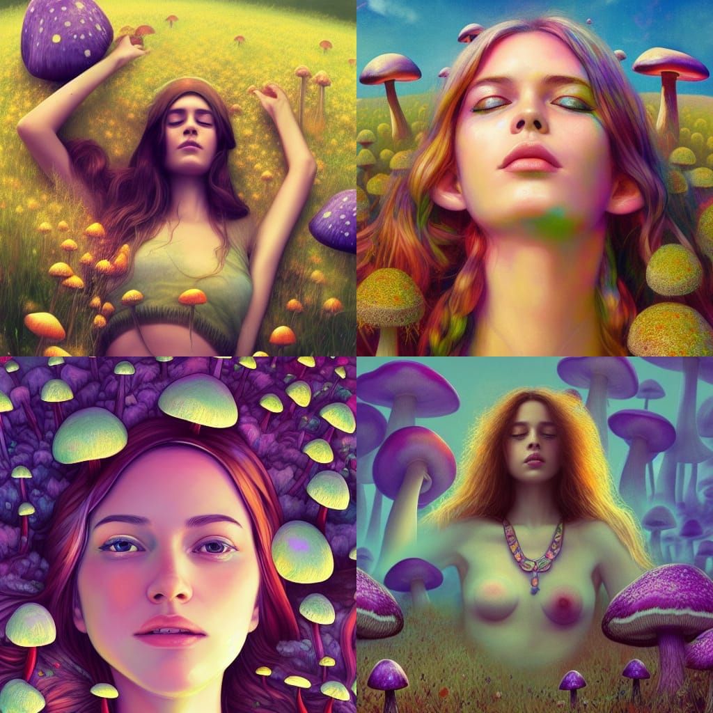 Psychedelic Hippie Girl in Mushroom Meadow