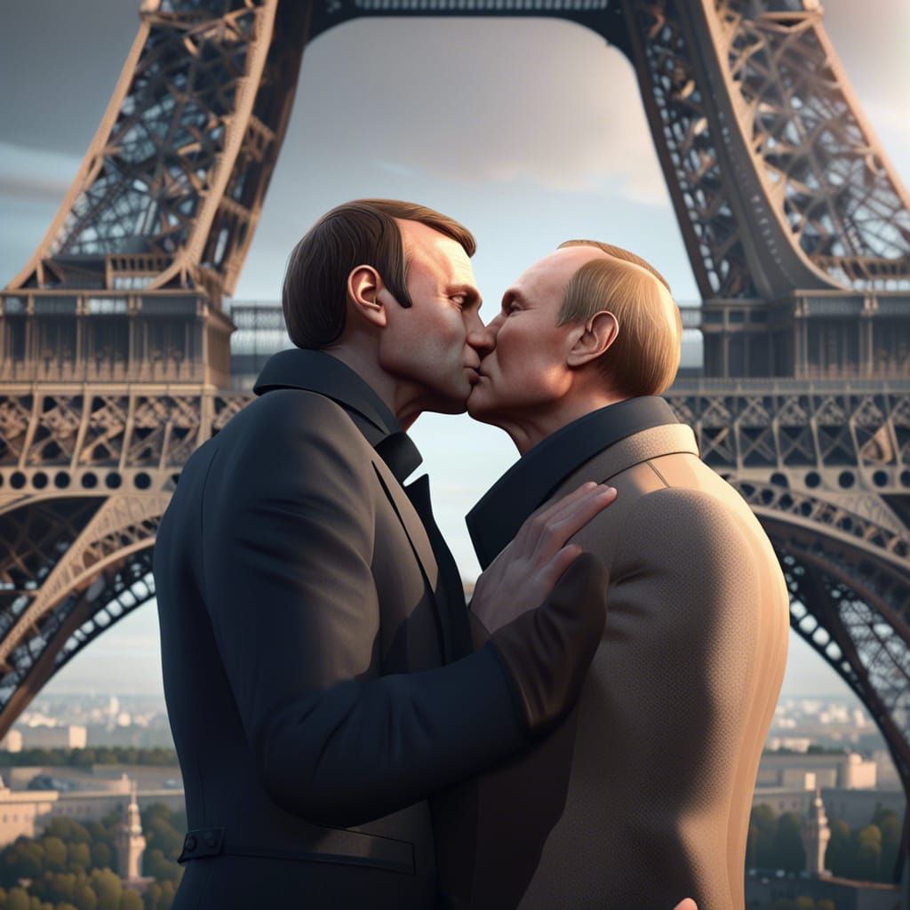 Macron and Putin Kiss: 3D Game Cinematic Scene