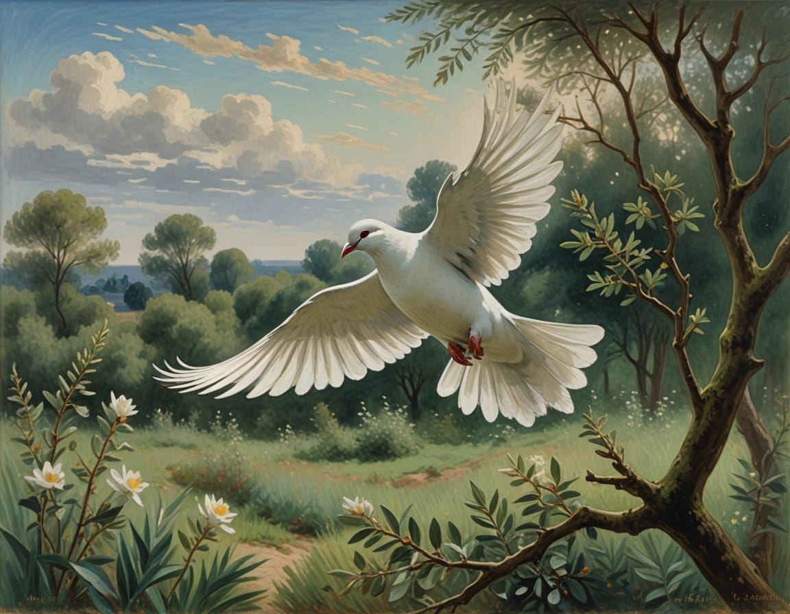 Serene Dove in Flight with Olive Branch