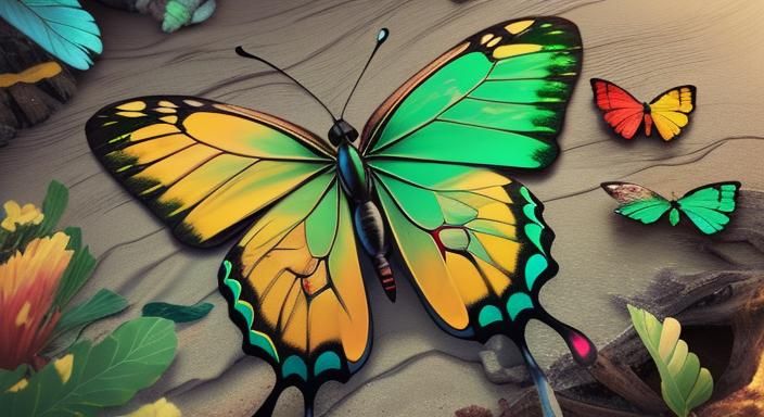 Colorful Butterfly on Beach at Sunrise: Graffiti Art
