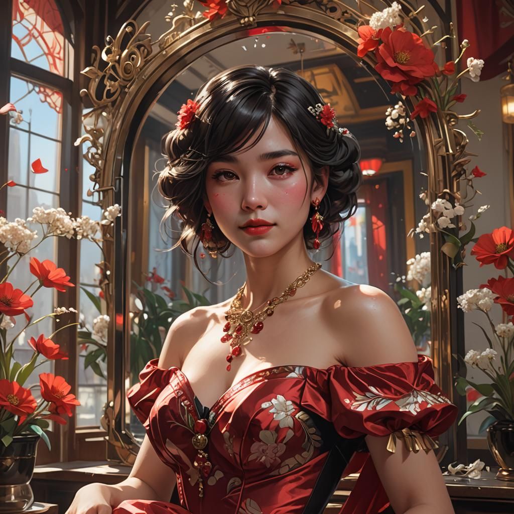 Woman in Red Dress with Ruby Necklace