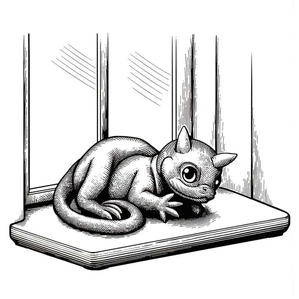 Mischievous Cat-Scaled Dragon in Cross Hatch Drawing