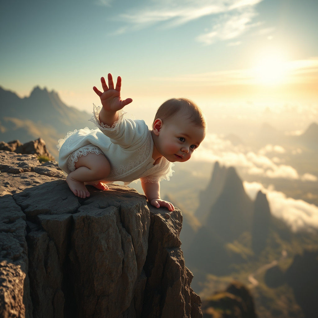 Baby on Cliff Edge in Detailed Matte Painting