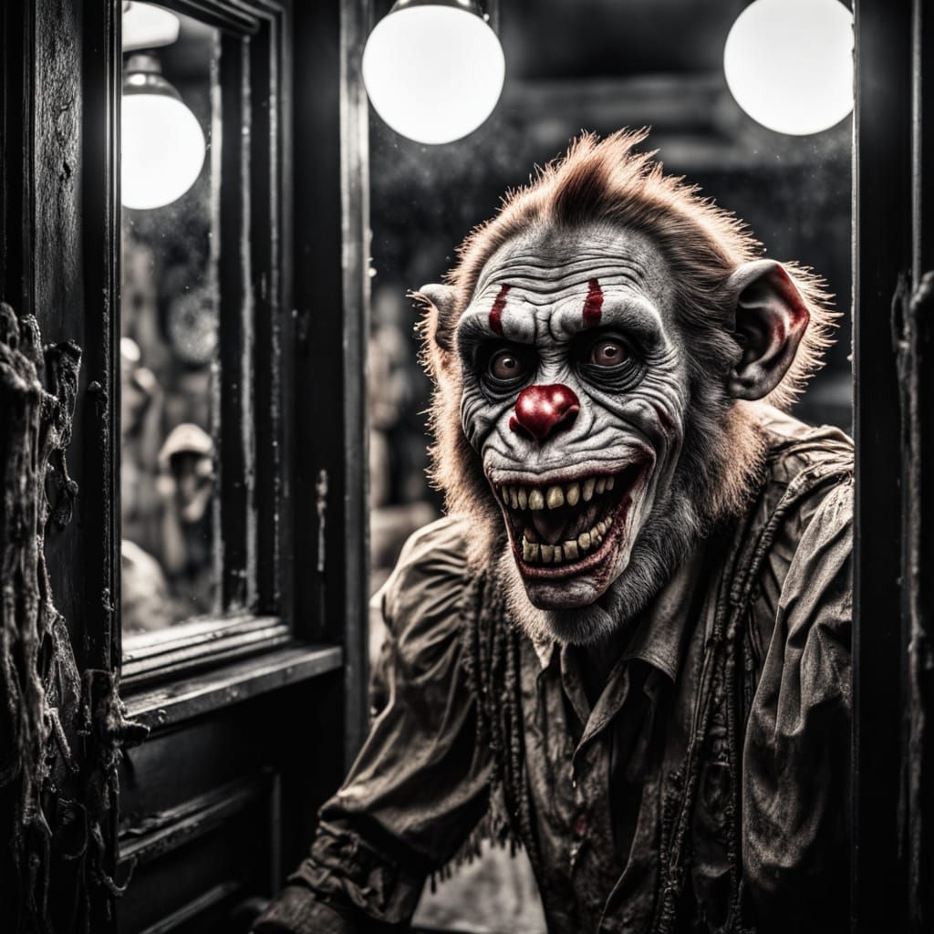 Zombie Monkey Clown in Cracked Mirror, Hyperrealistic