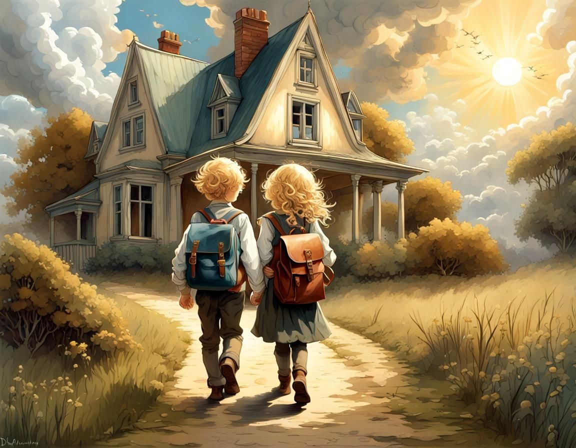 Victorian House Scene with Children in Watercolor Style