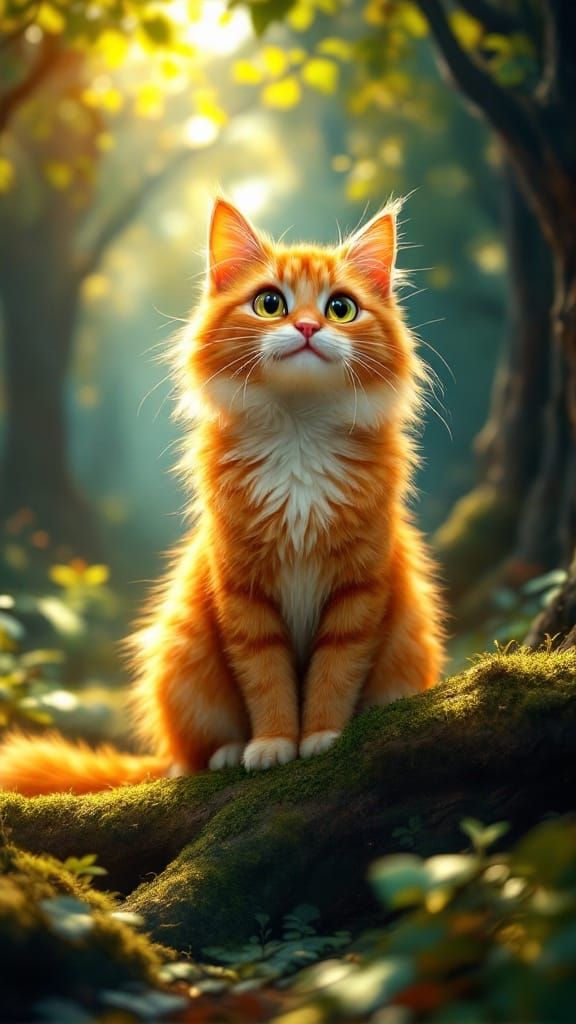 Regal Orange Tabby Cat Surrounded by Whimsical Forest