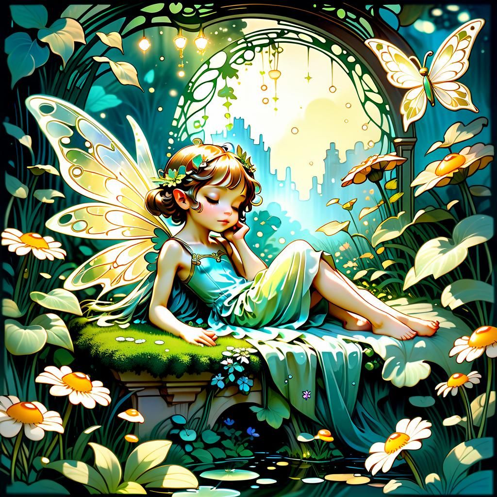 Chibi Fairy Garden Dream in Art Nouveau Style