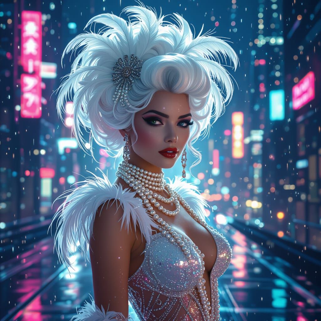 Glamorous Showgirl in Cyberpunk Cityscape with White Hairsty...