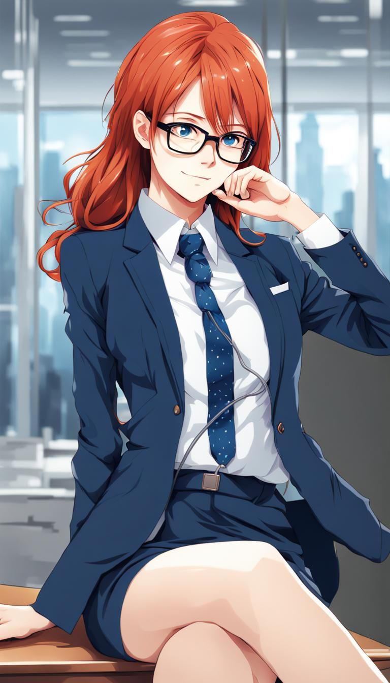 Redhead in Blue Business Suit: Anime Style