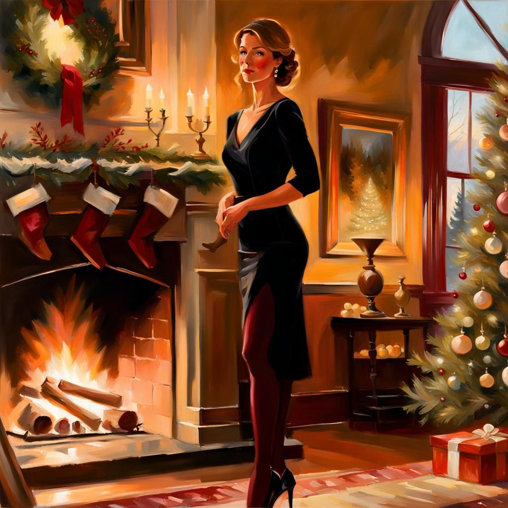 Woman in Red Tights by Fireplace, Impressionistic Style