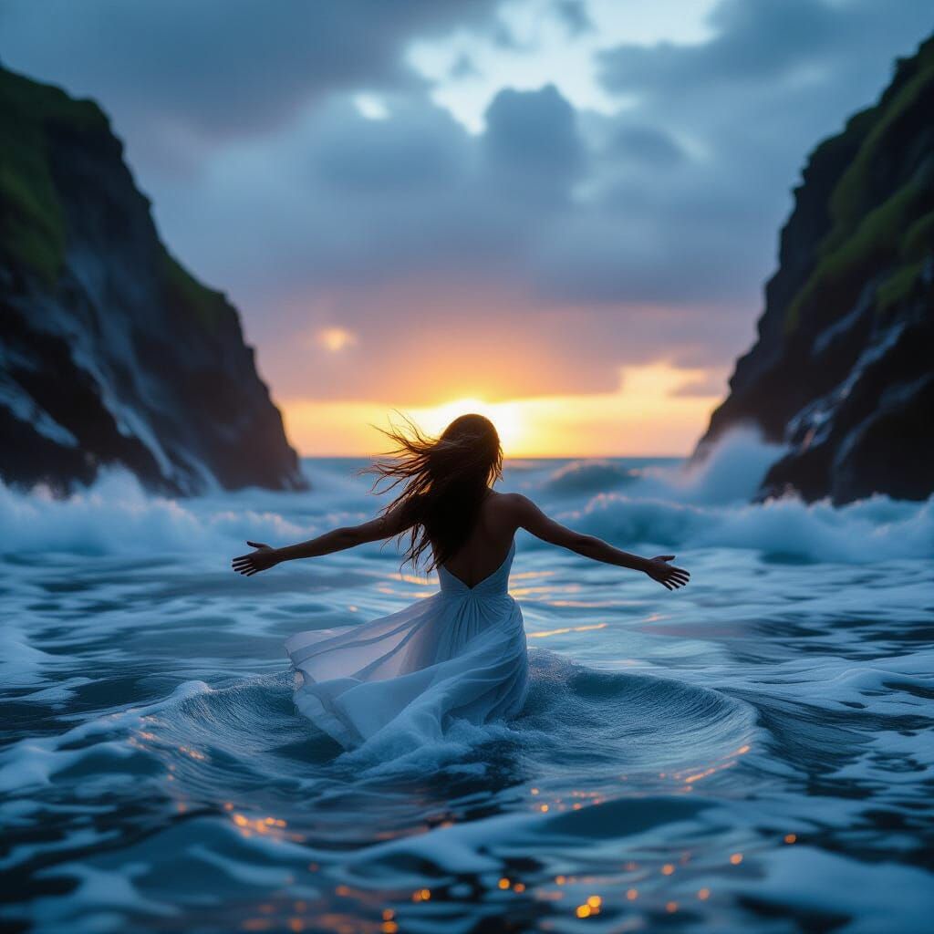 Woman in White Dress by Stormy Cliffs, Cinematic Film