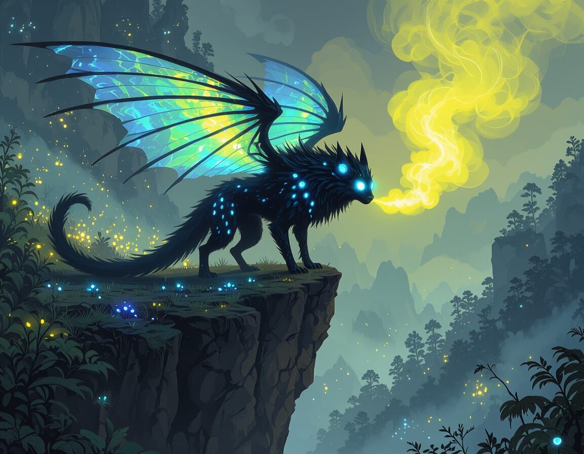 Bioluminescent Forest Creature on Cliff Edge