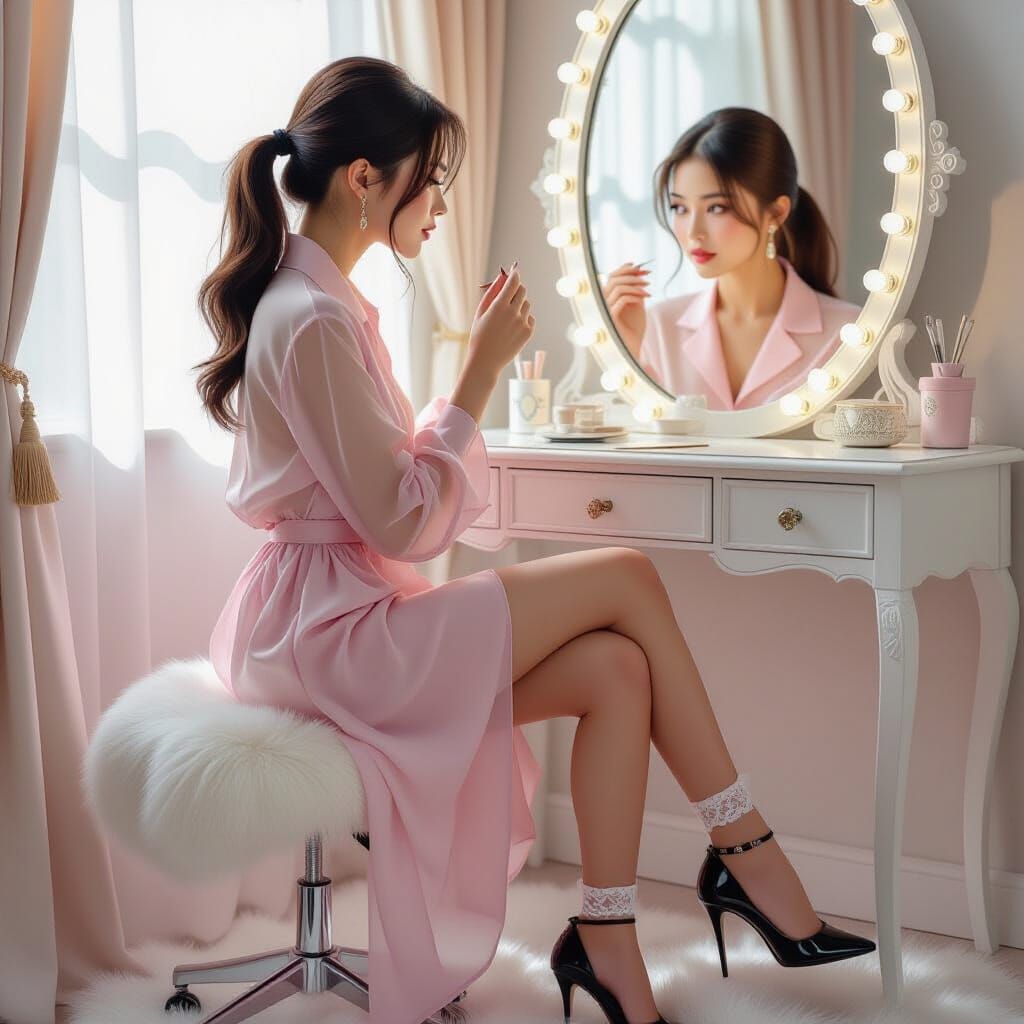 Asian Woman Fixing Hair in Realistic Art Nouveau Style