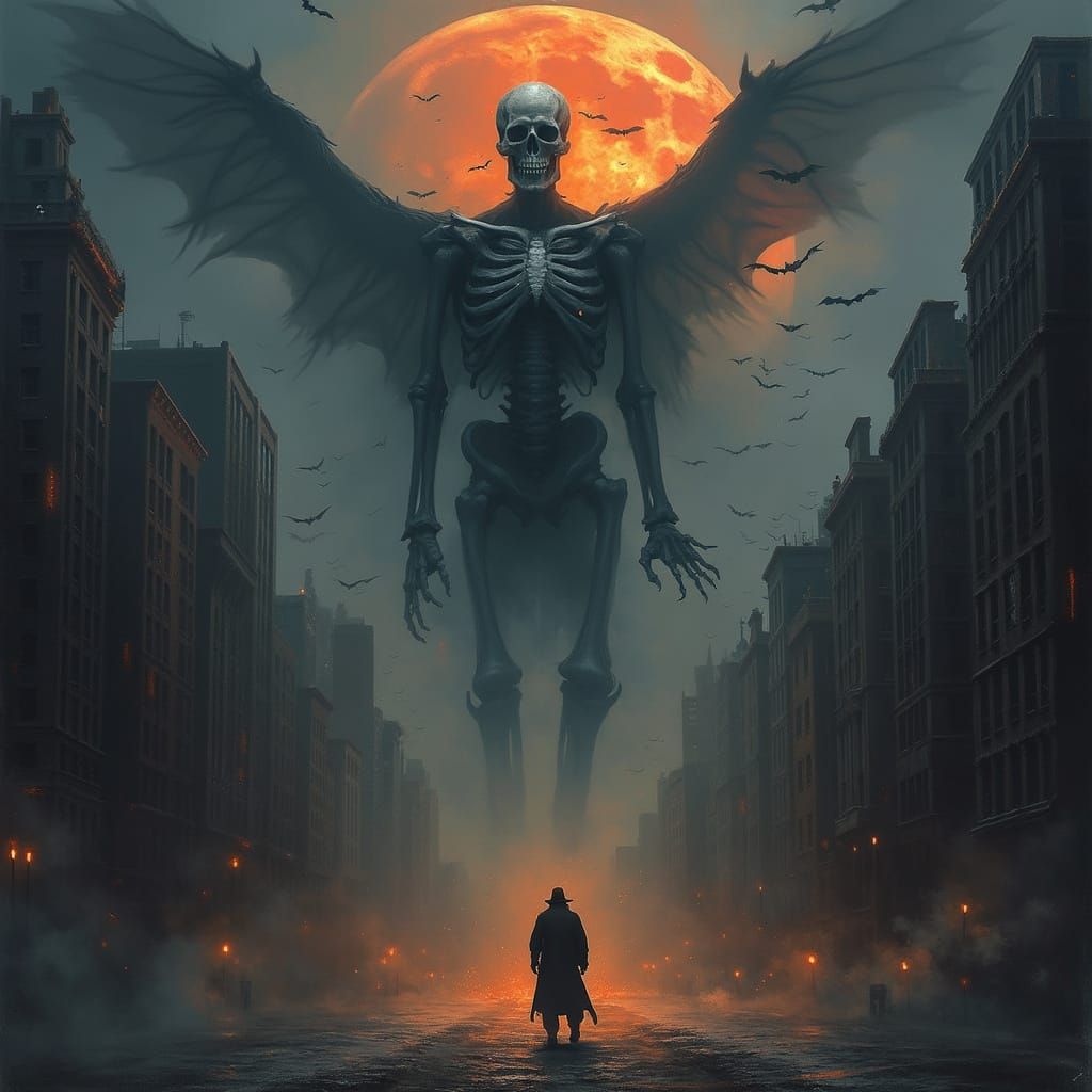 Giant Skeleton Attacks New York City in Doré Style