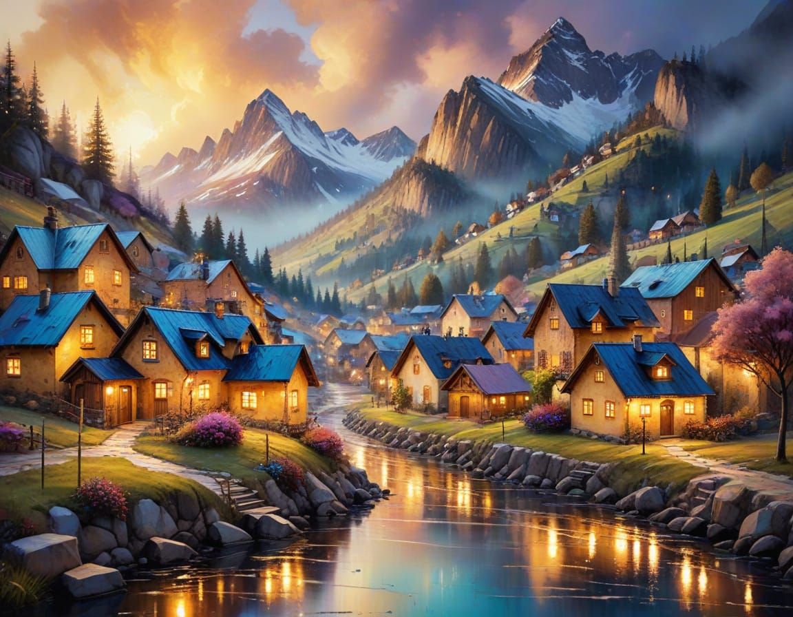 Alpine Village after Rain in Impressionist Style