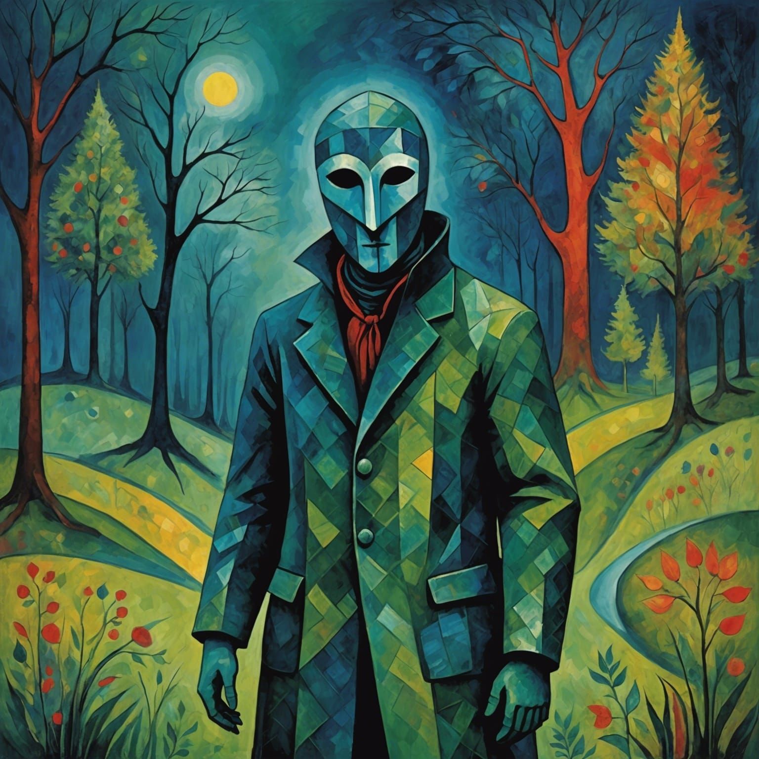 Masked Figure in Glade, Abstract Oil Painting