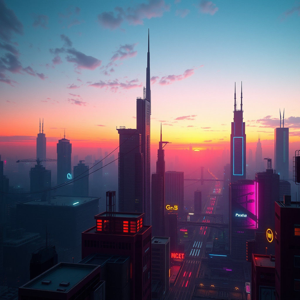 Cyberpunk Cityscape at Dusk: 3D Rendered Art